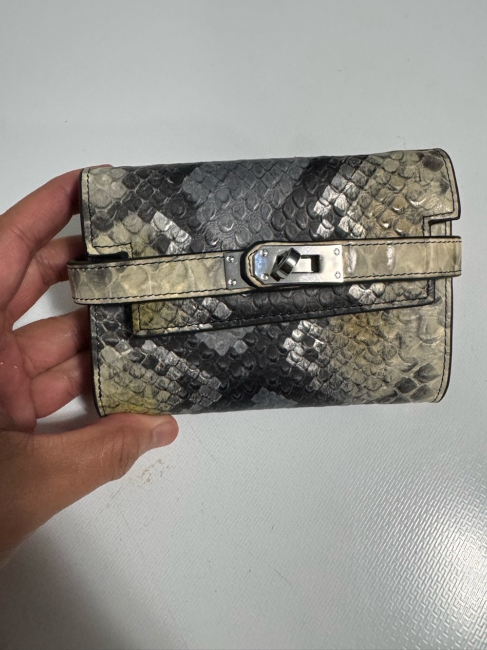 Neutral Python-Print Leather Wallet with Turn-Lock Strap